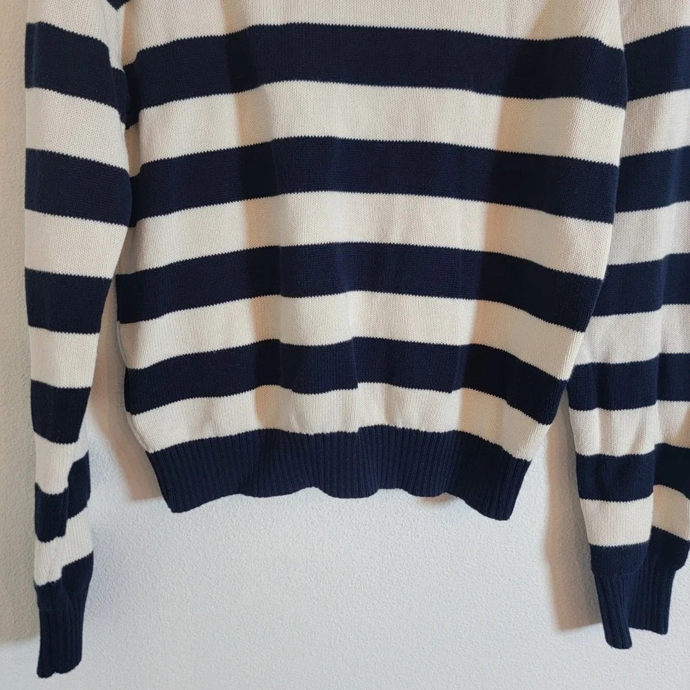 John Galt Stripe Amalie Button Front Cardigan Cotton Nautical Navy Blue Cream OS